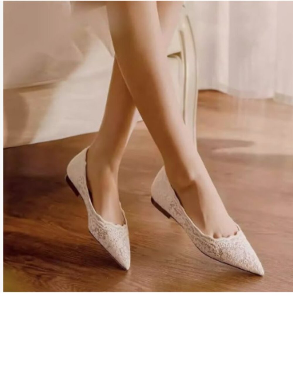 FSJ White Bridal Lace Flats Pointed Toe Scalloped Edge Wedding Slip On Shoes